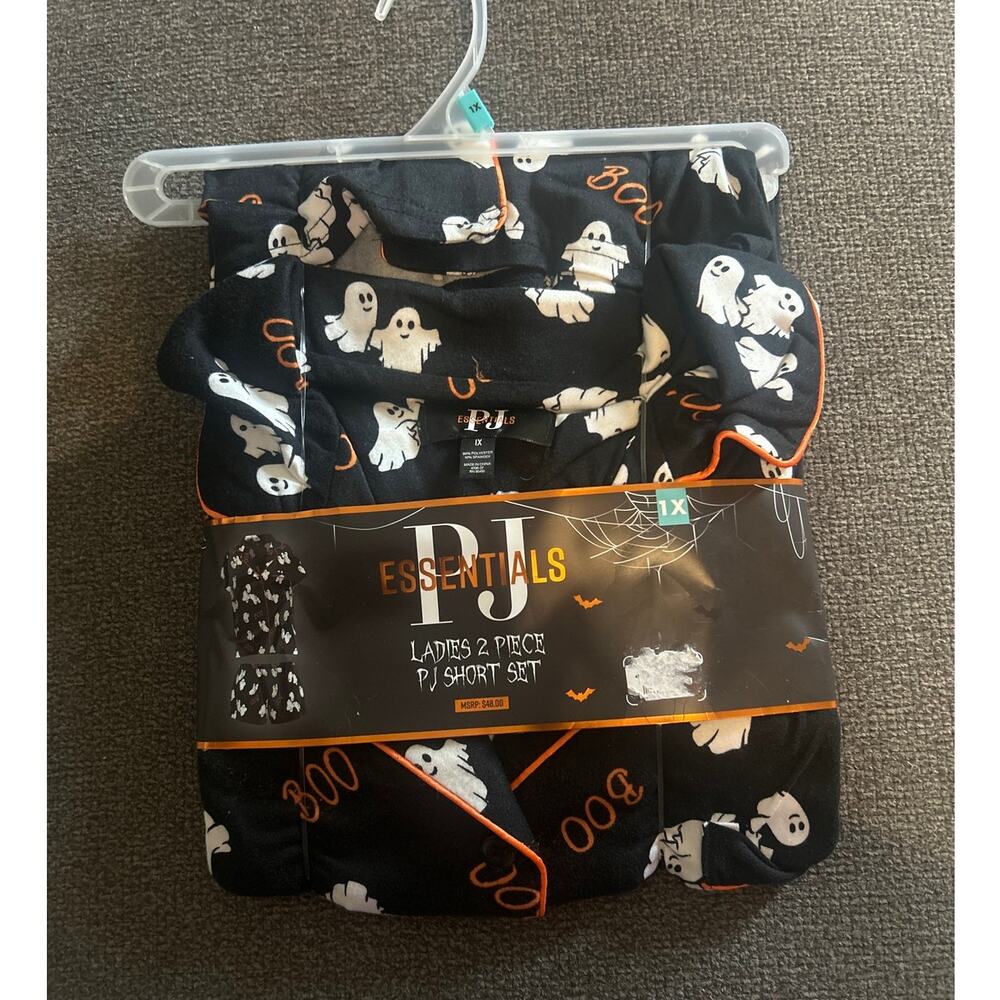 Halloween Ghost Black Orange Essential 2 Piece Pajama Button Up Short Set 1X NWT